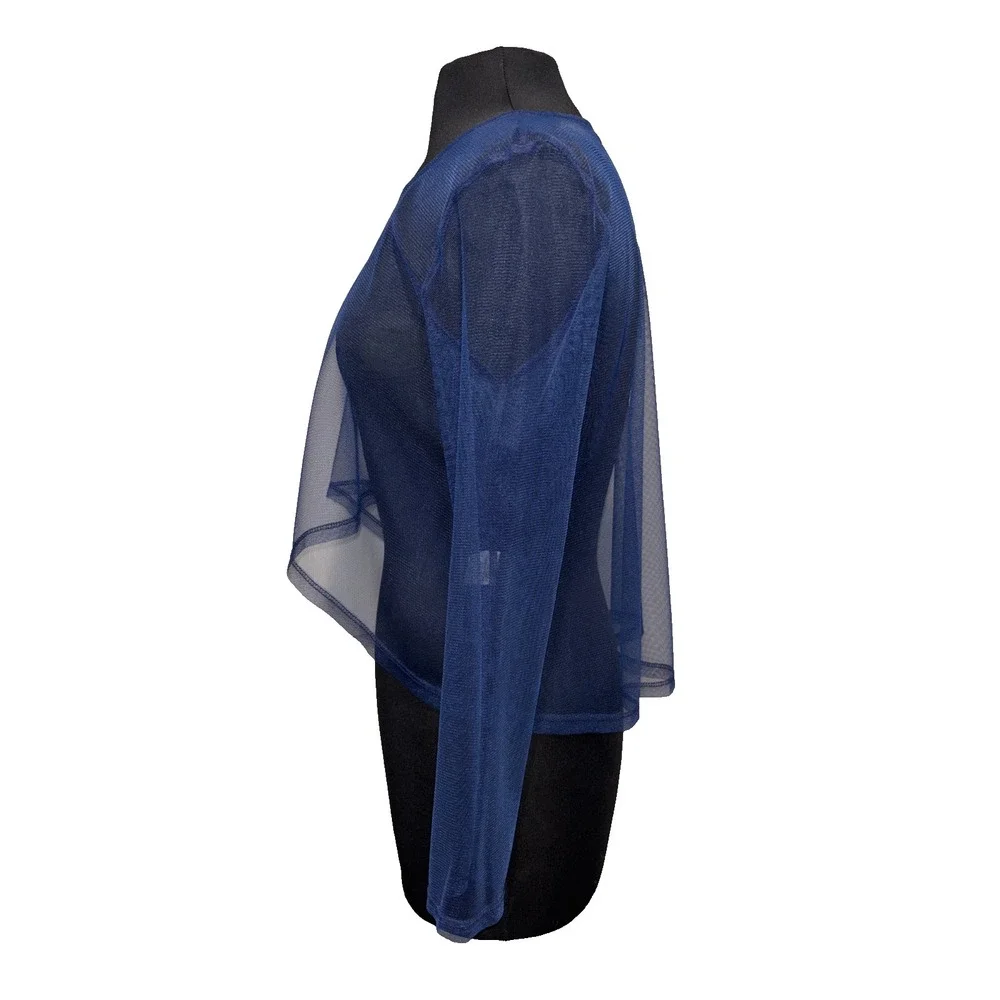 Blue Sheer Mesh Long Sleeve Top Blouse By JJ Size Small Blue‎ High Low Layer